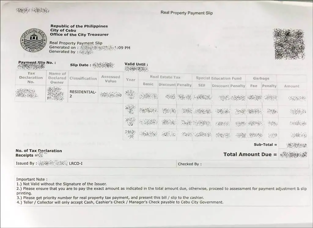 real property payment slip cebu condominium tax