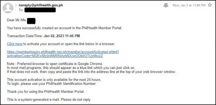 email from philhealth for new account