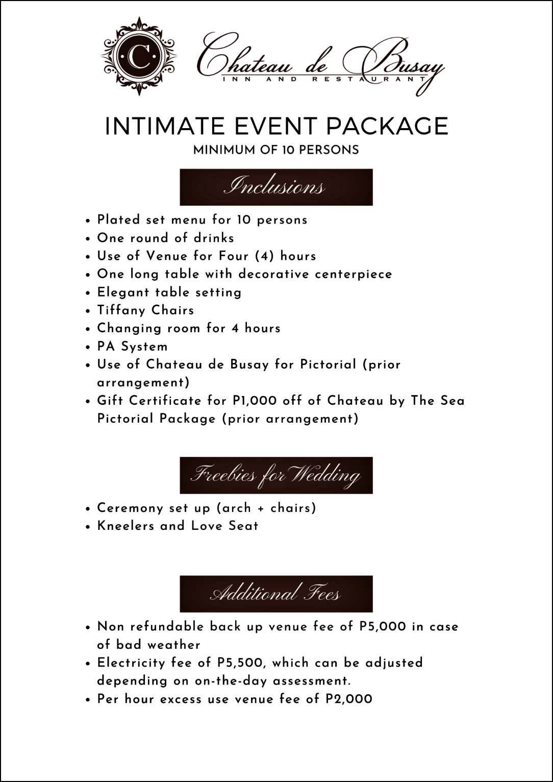INTIMATE EVENT PACKAGE